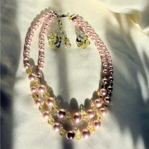 Vintage Estate Signed West Germany Pink 2 Strand Necklace & Clip Earrings